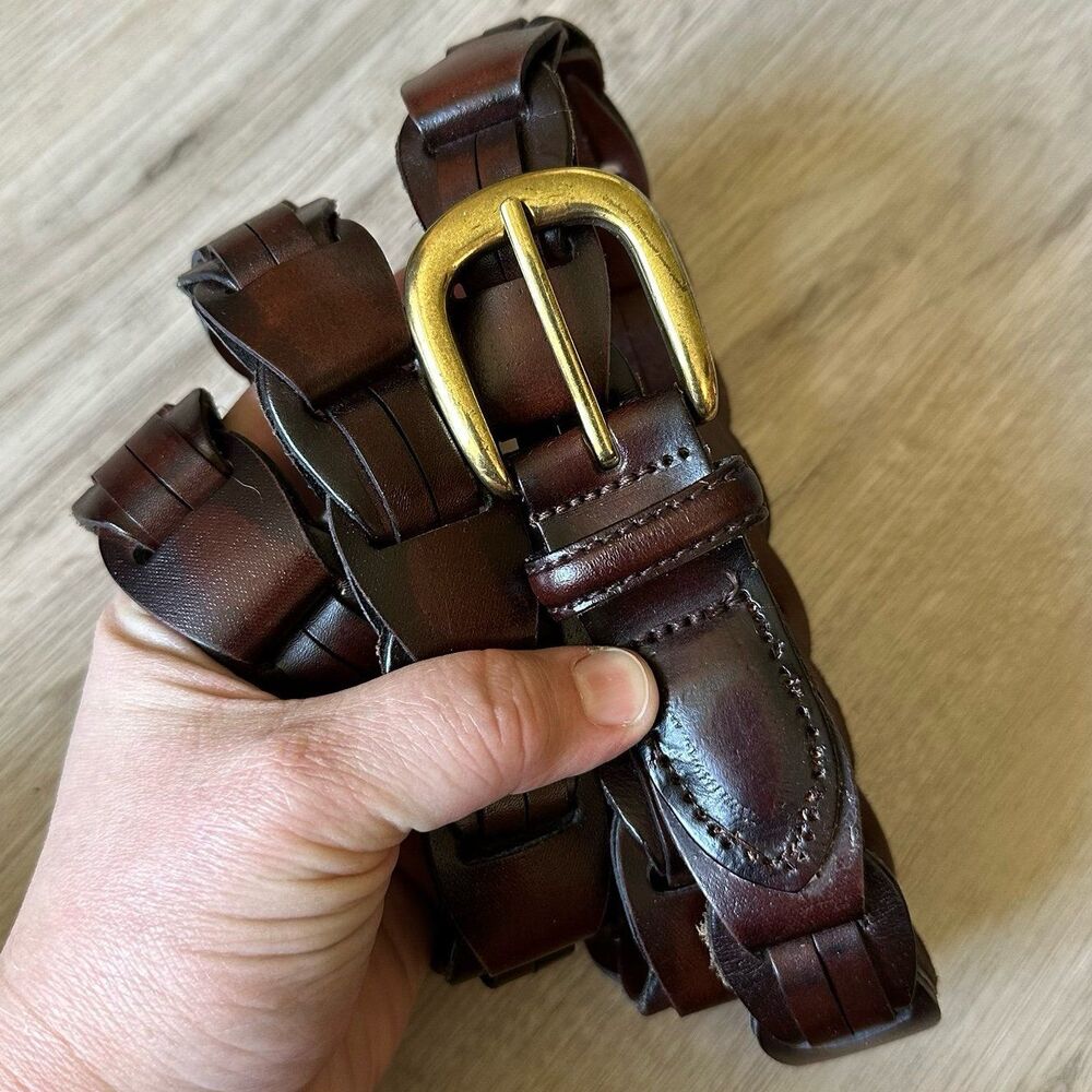 Men's Woven Leather Link Belt with Gold Tone Solid Brass Buckle Waist Size 44